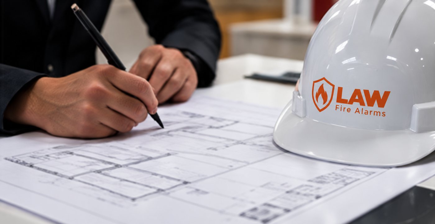 Fire alarm planning with floor plans and a LAW Fire Alarms hard hat
