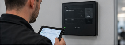 Engineer checking an Ajax EN54 touchscreen fire hub, from the approved artwork